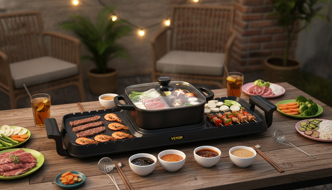 2400W Electric Grill + Hot Pot Combo (Smokeless, Nonstick)