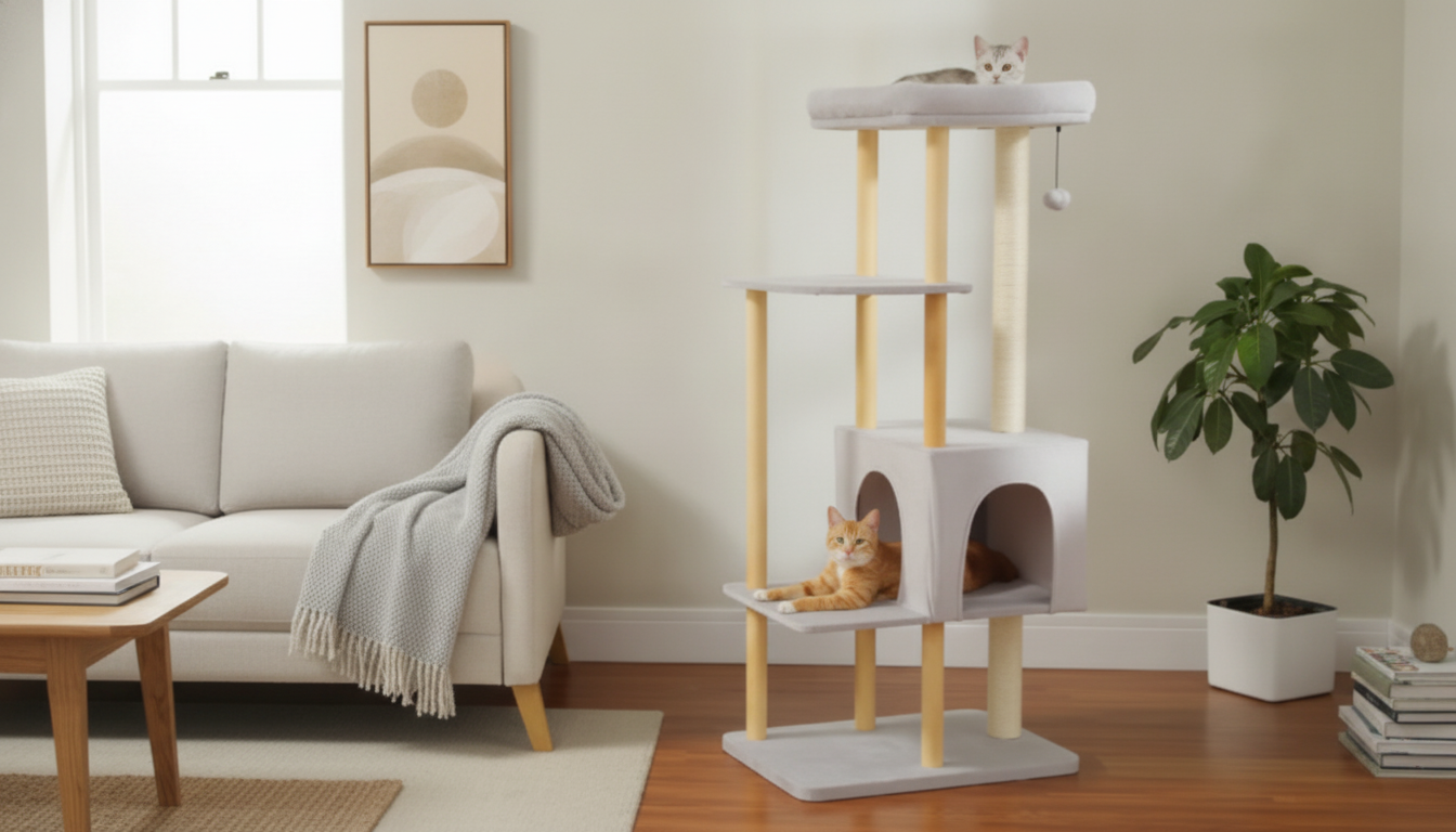 53-Inch Modern Wooden Cat Tree: Stable, Sleek & Scratch-Ready