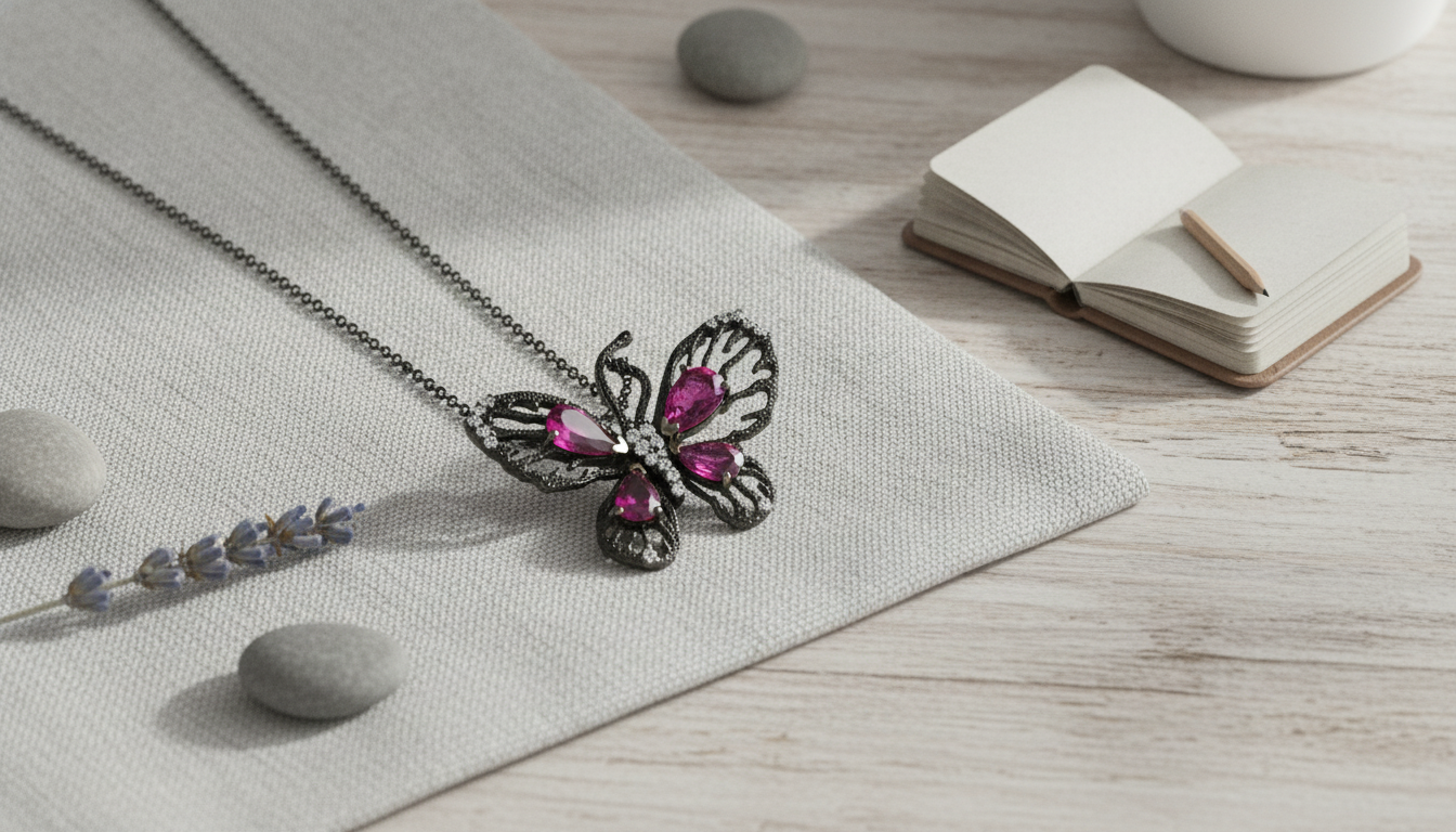 Sterling Silver Butterfly Pendant with Ruby & CZ Sparkle