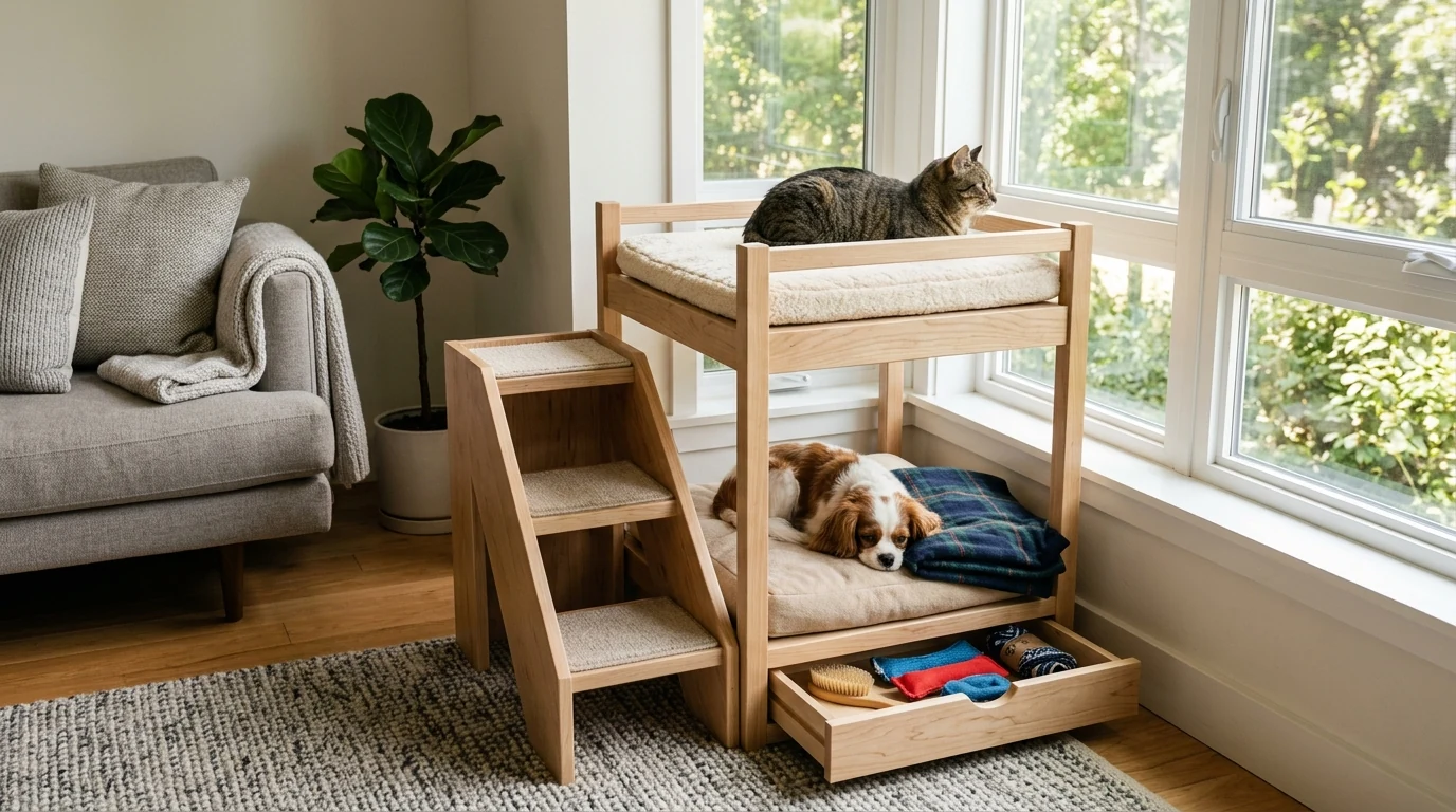 Indoor Pet Bunk Bed: Stairs, Storage & Window Perch