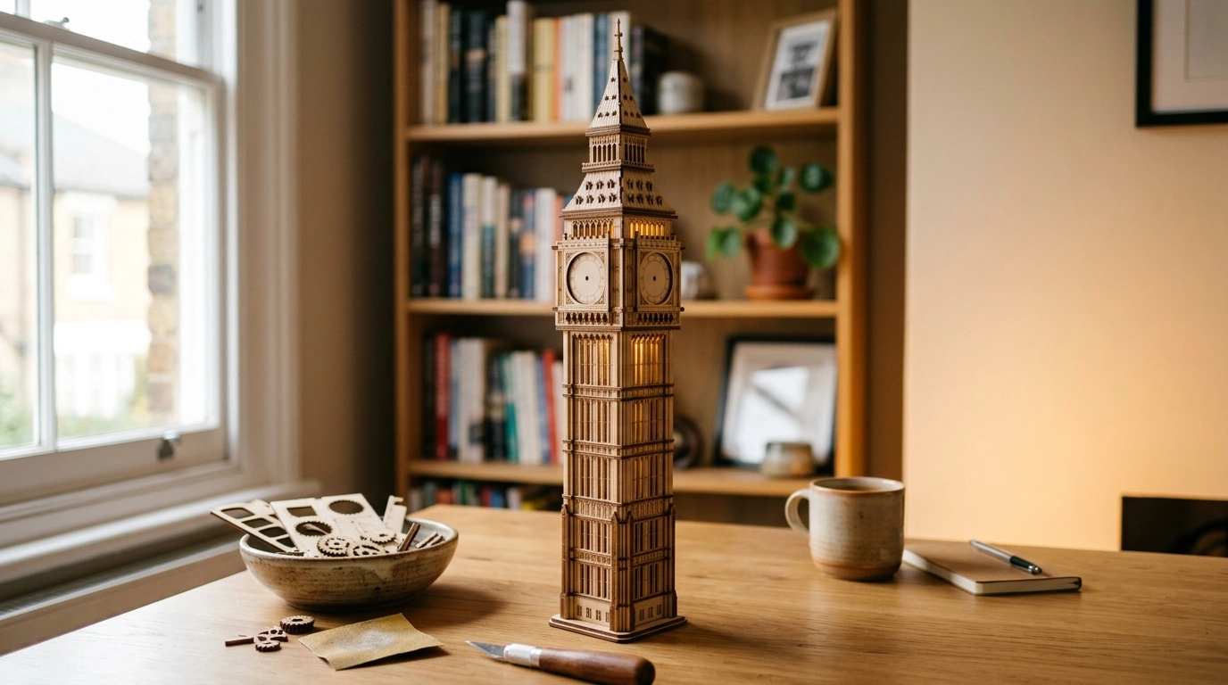 3D Big Ben Wooden Puzzle Kit + LED Light: Build & Display