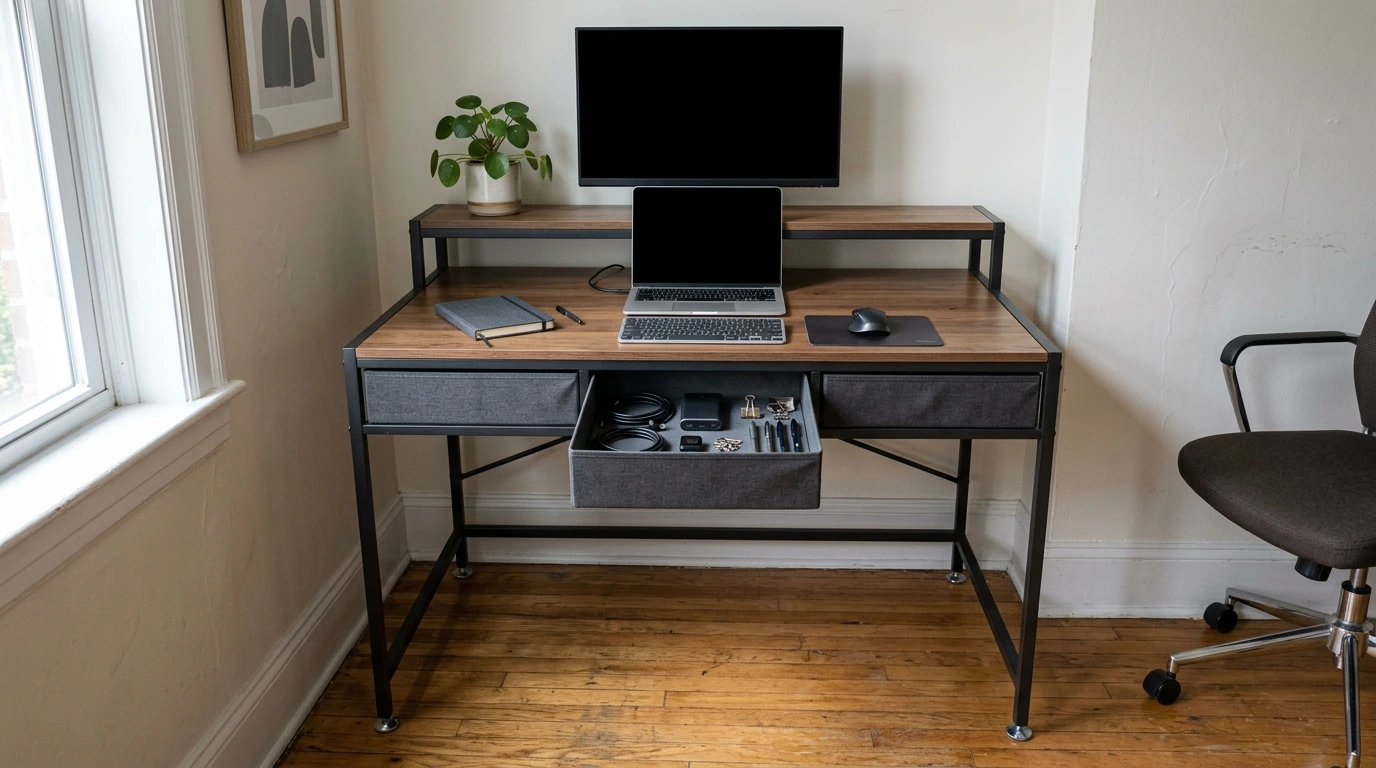 48-Inch Double Deck Desk with Drawers for Small Spaces